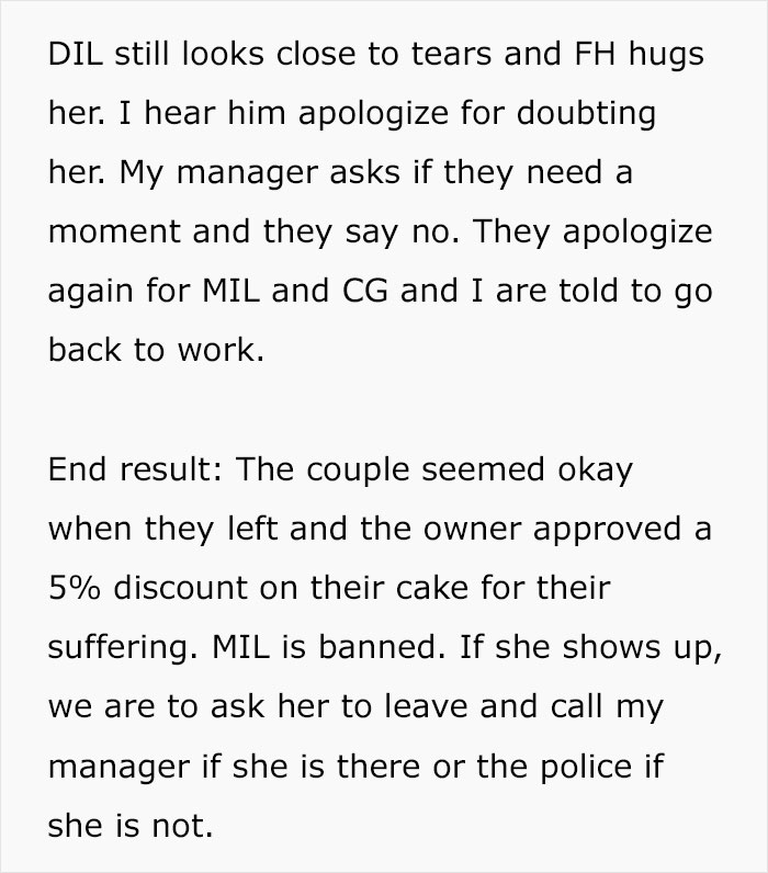 Resolution with couple receiving discount and mother-in-law banned from bakery Resolution with couple receiving discount and mother-in-law banned from bakery