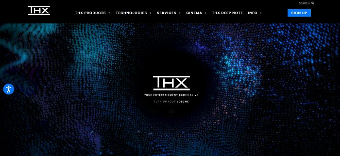 THX website homepage, displaying an interesting dark blue and purple abstract background with its logo and tagline.