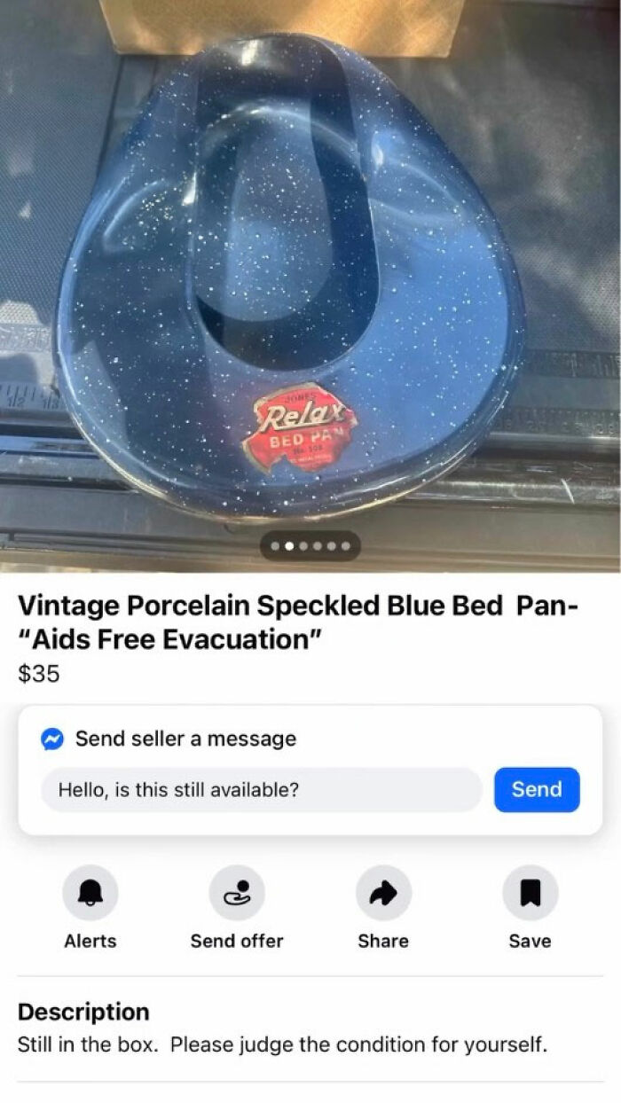 Vintage blue porcelain speckled bed pan for evacuation support