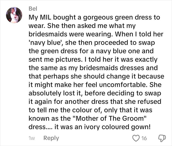 A social media comment about a MIL picking the worst dress by matching bridesmaid colors, then an ivory dress. A social media comment about a MIL picking the worst dress by matching bridesmaid colors, then an ivory dress.