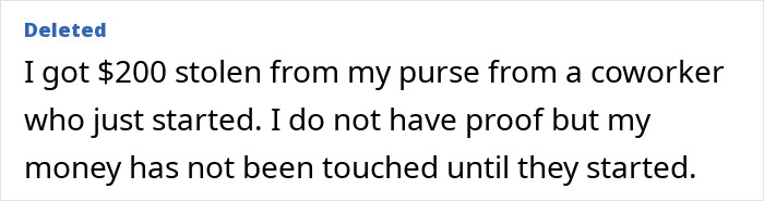 Office drama story about $200 stolen from purse by new coworker