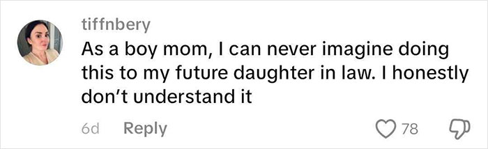 A comment from a mother expressing disbelief at a mother-in-law's wedding dress choice for her son's wedding. A comment from a mother expressing disbelief at a mother-in-law's wedding dress choice for her son's wedding.