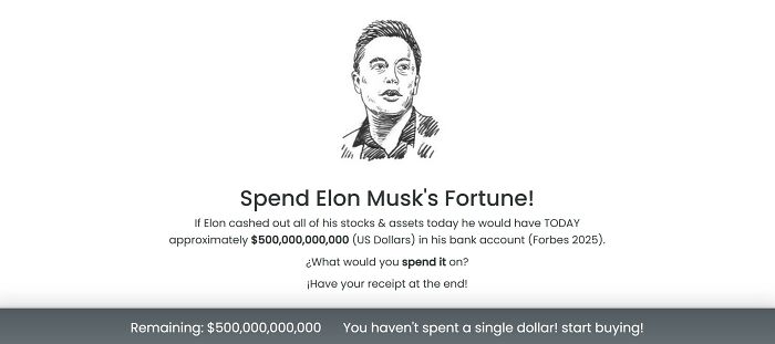 An interesting website for spending Elon Musk's fortune with a sketch of Elon Musk at the top.