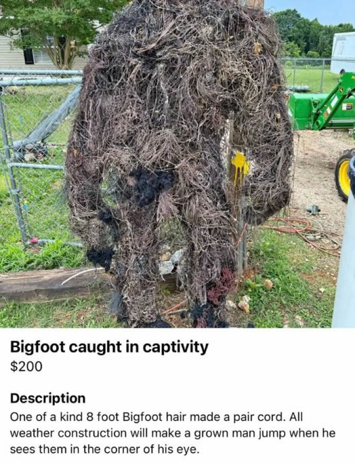 Sculpture of Bigfoot made from hair and cord outdoors