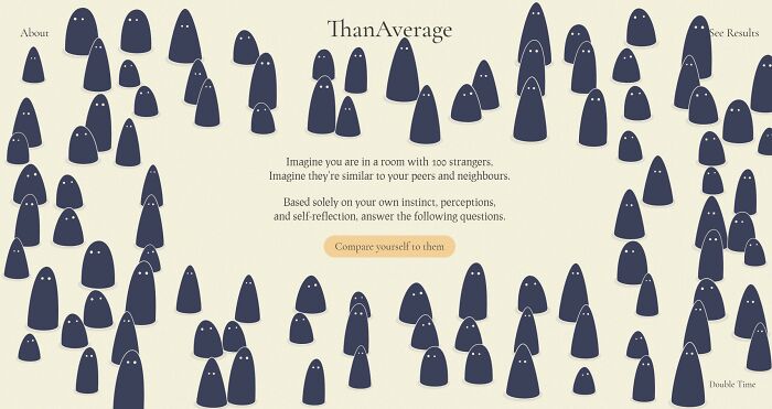 An image showing a fun, interesting website called ThanAverage, featuring many dark, ghost-like figures with white eyes on a light background.