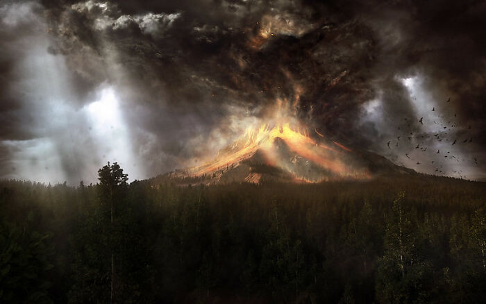 Volcanic eruption with dark skies creating apocalyptic backrooms atmosphere