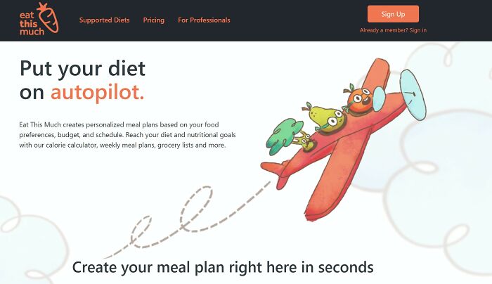 Eat This Much website with fruit characters flying a plane, offering meal planning. An interesting website for diet management.