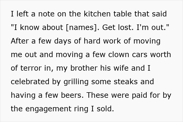 Text detailing a fianc&eacute;e leaving a cheating partner, replacing everything with clowns. The ring was sold for celebration.