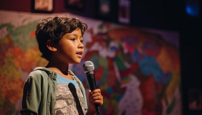 Young boy holding a microphone, performing on stage with colorful art in the background. Causes second-hand embarrassment.