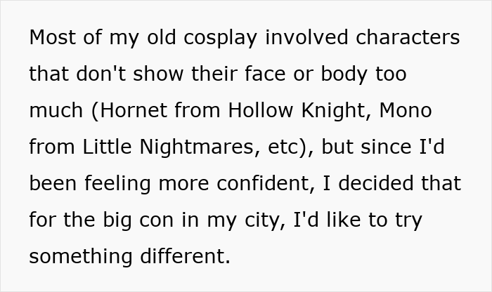 Text about cosplay characters hiding face or body, choosing new style for convention Text about cosplay characters hiding face or body, choosing new style for convention