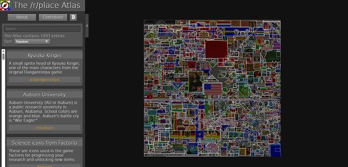 The /r/place Atlas showing many interesting websites and pixel art.