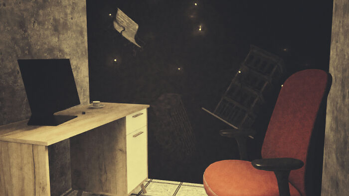 Office desk and chair in a surreal dark room reflecting Backrooms levels