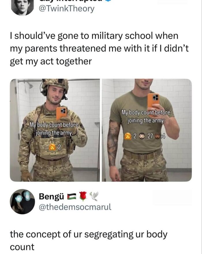 Army photos comparing body counts in godless comments meme