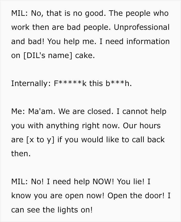 Text message showing a conflict between bakery employee and customer over cake order and opening hours Text message showing a conflict between bakery employee and customer over cake order and opening hours
