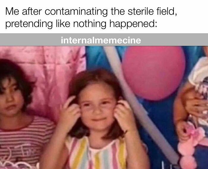 A medical meme shows two young girls, one looking away and the other smiling awkwardly. Ideal for doctors and nurses.