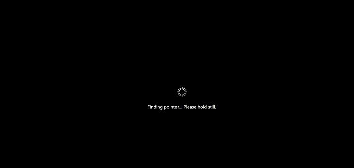 A black screen with a white spinning loading icon and text reading Finding pointer... Please hold still. Many interesting websites available.