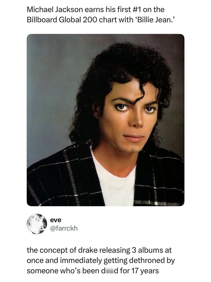 Portrait of Michael Jackson with text about Billboard Global 200 chart achievement