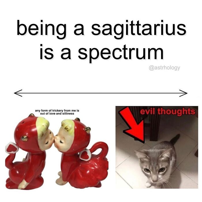 Funny Astrology Memes: A relatable meme contrasting sweet trickery with a cat having evil thoughts, depicting the Sagittarius spectrum.