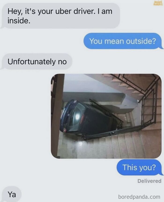 Text conversation with photo of car parked bizarrely inside staircase