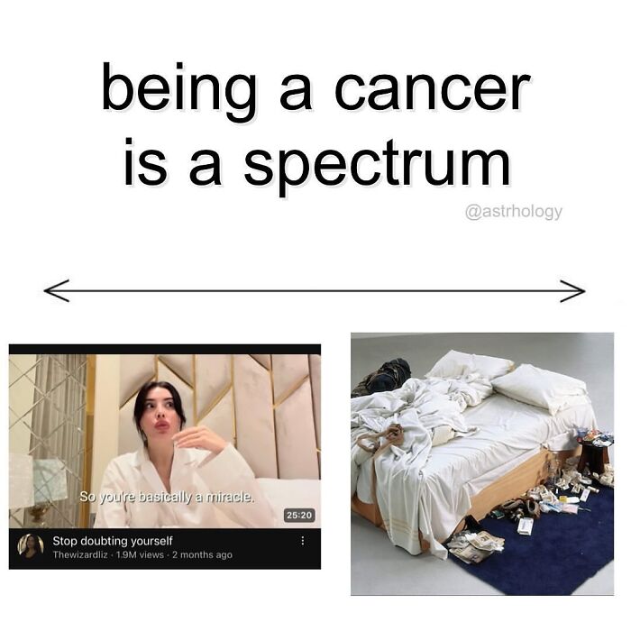 Funny astrology meme showing the spectrum of being a Cancer: from a clean, confident woman to a messy bed.