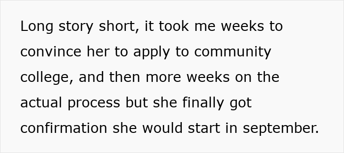 Screenshot of text about convincing sister to apply to community college