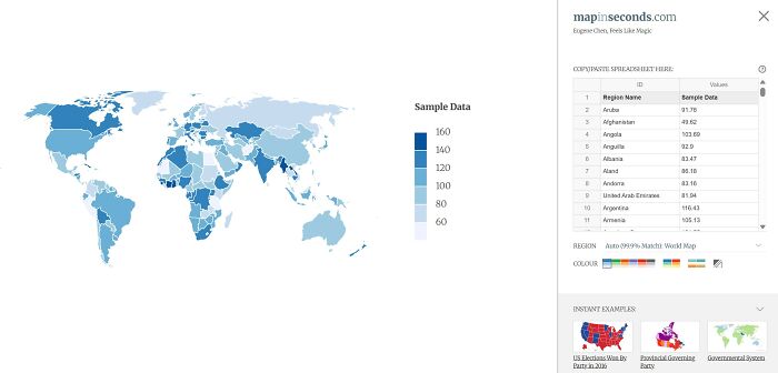 A mapinsconds.com screenshot displaying a world map with varying shades of blue, indicating data. One of the most interesting websites for data visualization.