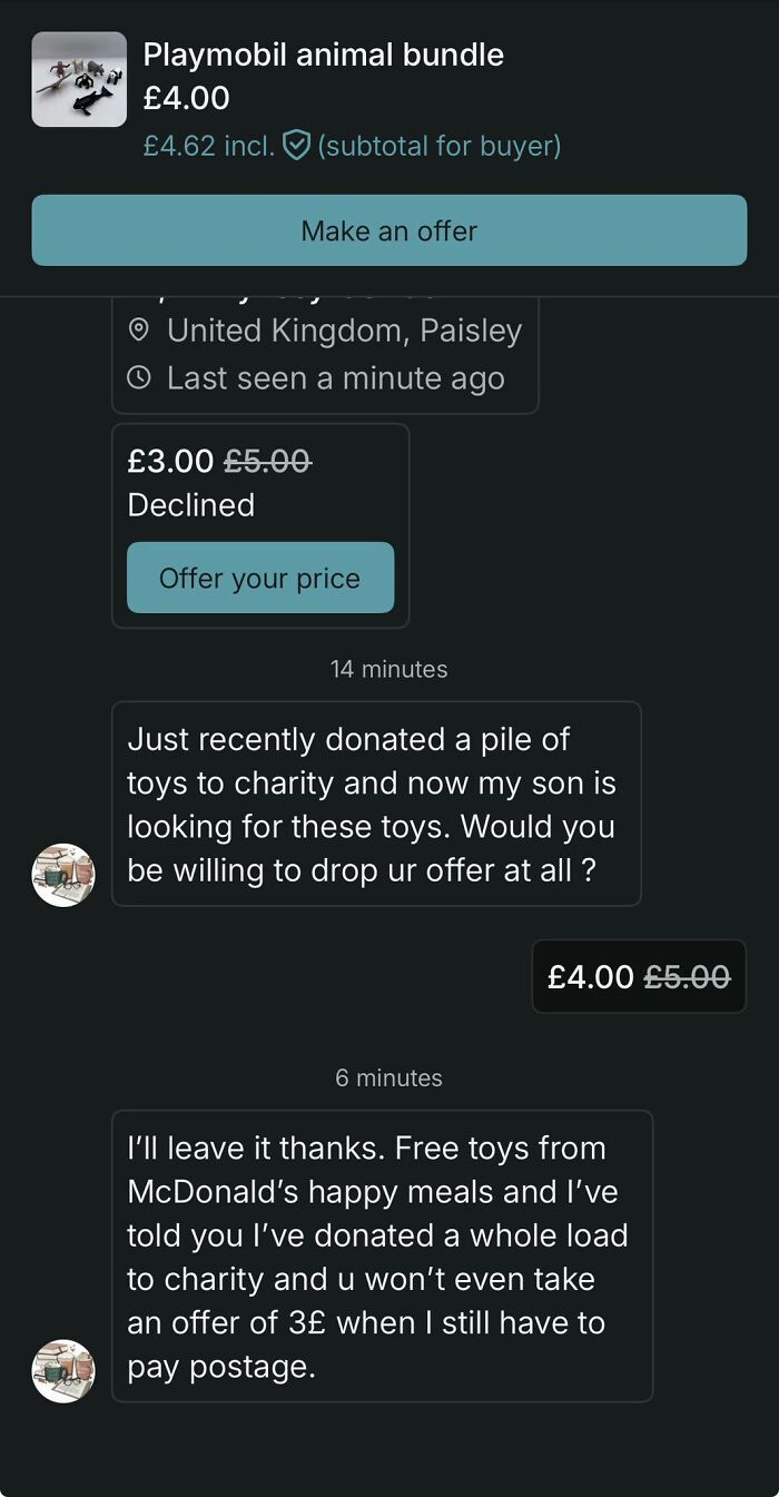 Vinted conversation about Playmobil animal bundle price and charity donation confusion