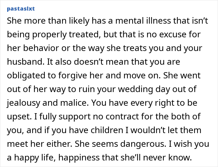 Comment discussing MIL's untreated mental illness and damaging wedding behavior