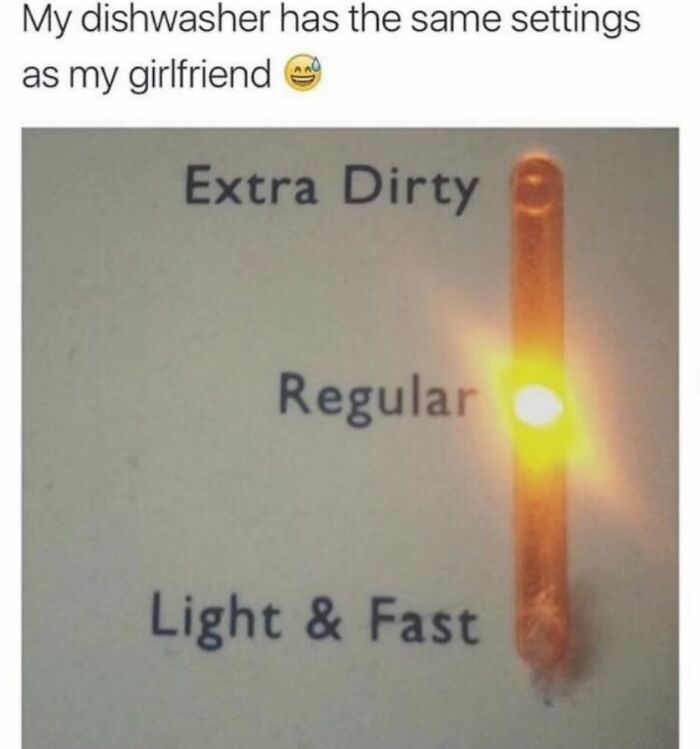 Humorous meme comparing dishwasher settings to girlfriend mood