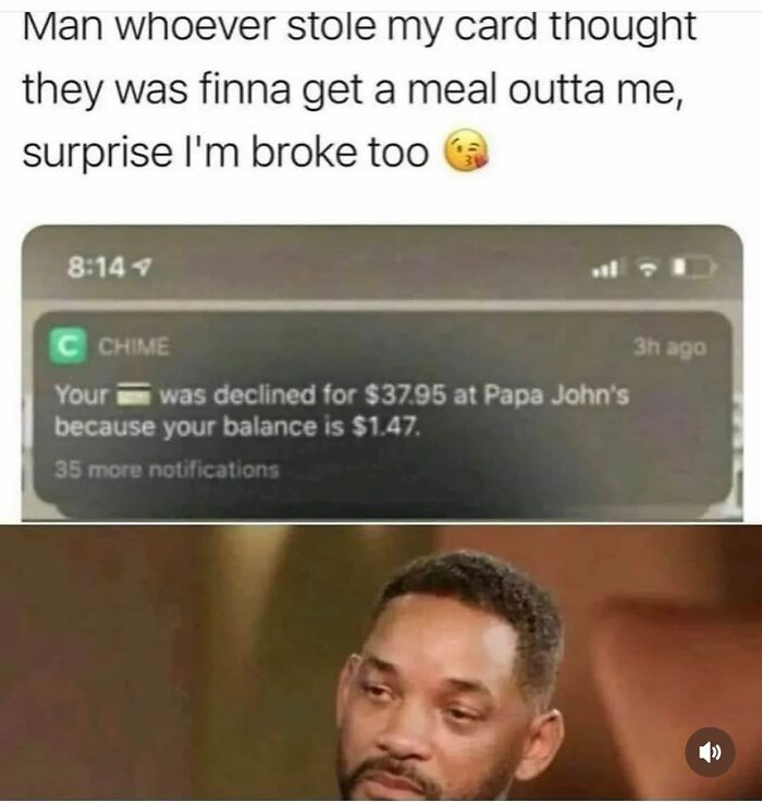 Hilarious notification meme about declined card payment and low balance