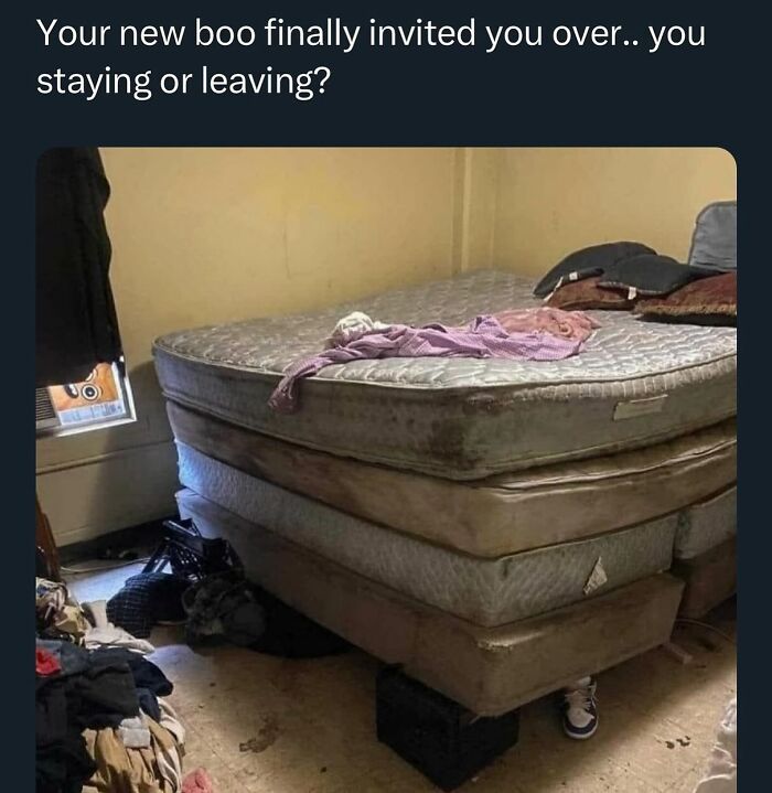 Random meme featuring a messy bedroom and old mattress