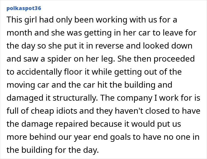 Office drama of new worker crashing car into building causing structural damage