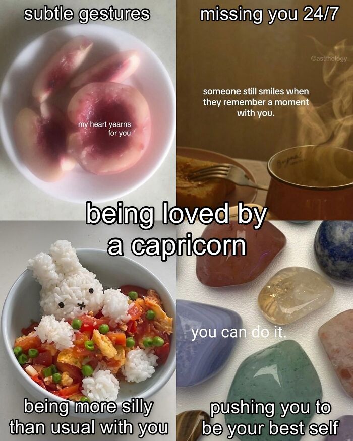 An astrology meme about "being loved by a Capricorn," featuring relatable and funny images for zodiac signs.