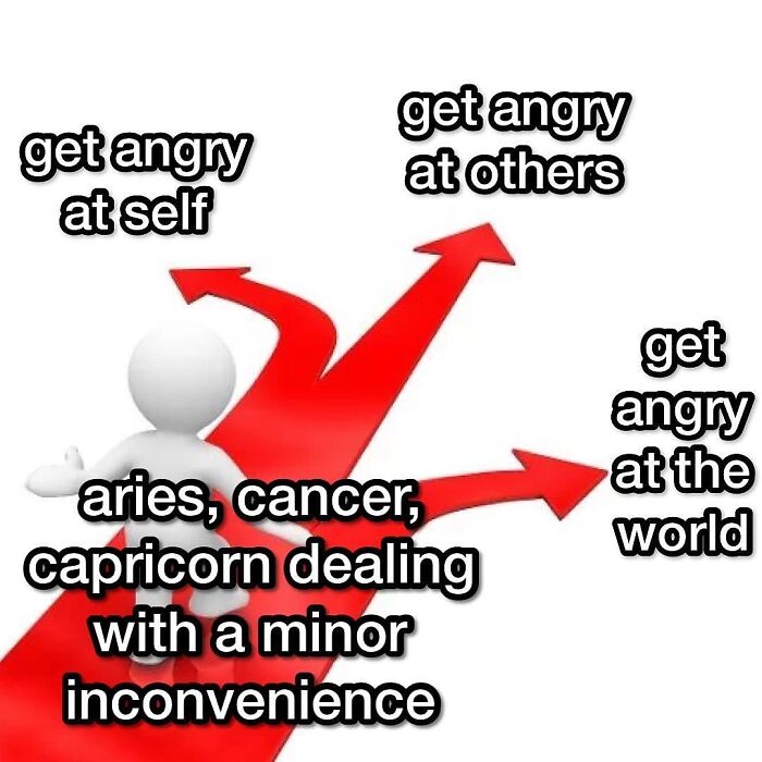 A funny astrology meme showing a 3D figure with arrows leading to 'get angry at self,' 'others,' or 'the world' for Aries, Cancer, and Capricorn.