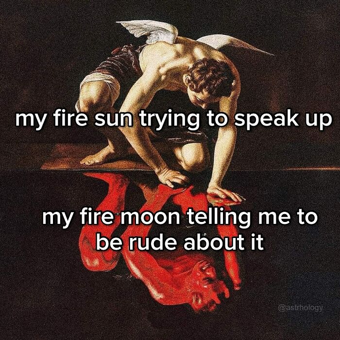 Astrology memes: A classical painting showing a figure bending over water with a red reflection, illustrating zodiac sign dynamics.