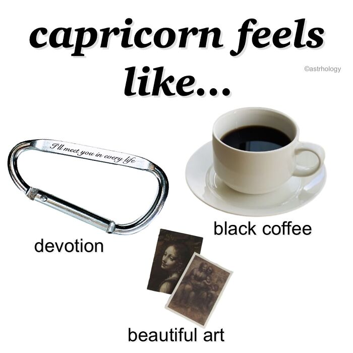 A relatable astrology meme showing "Capricorn feels like" with devotion, black coffee, and beautiful art. Funny astrology memes for every zodiac sign.