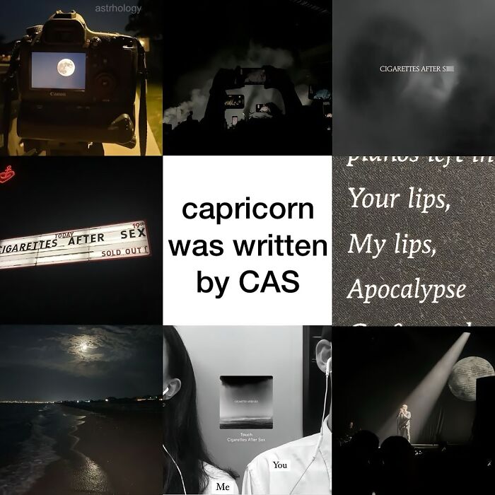 A collection of funny astrology memes and visuals, including moon photos, a concert sign, and text about Capricorn, providing relatable content for Zodiac signs.
