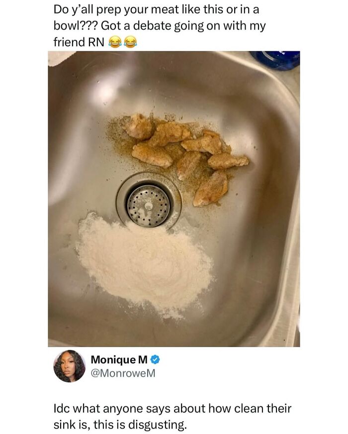 Humorous meme of prepping meat and flour in a dirty sink