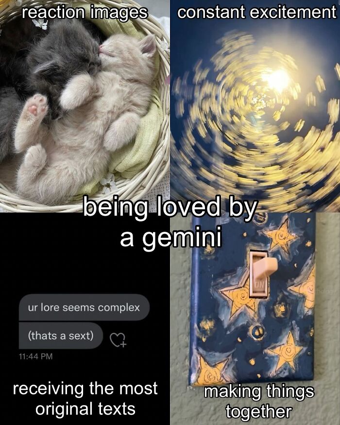 Astrology meme showing being loved by a Gemini with kittens, a swirling sun, text messages, and a starry light switch.