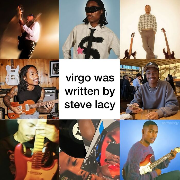 Steve Lacy in various poses with guitars, illustrating relatable and funny astrology memes about zodiac signs.