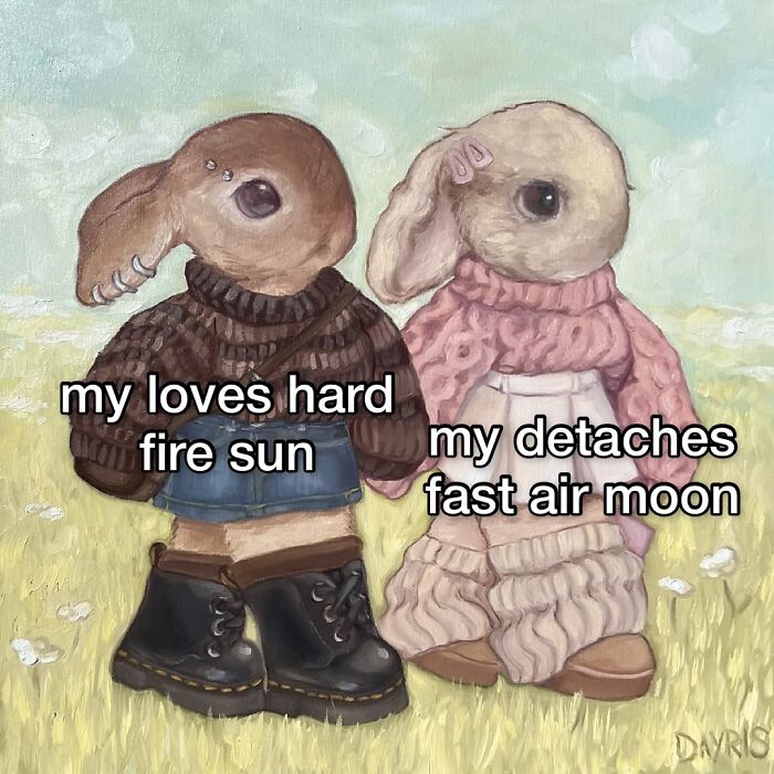 Funny astrology memes with two bunny-like characters illustrating Sun and Moon signs' contrasting traits.