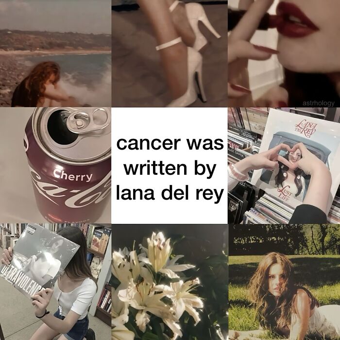 A collage of images including Lana Del Rey, white heels, a soda, and flowers. Relatable Astrology Memes.