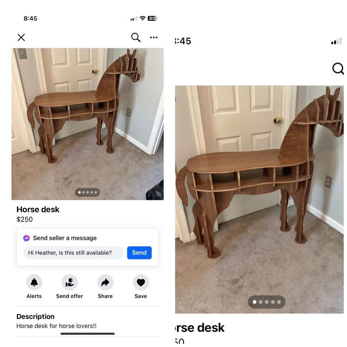 Wooden horse shaped desk with shelves on Facebook Marketplace