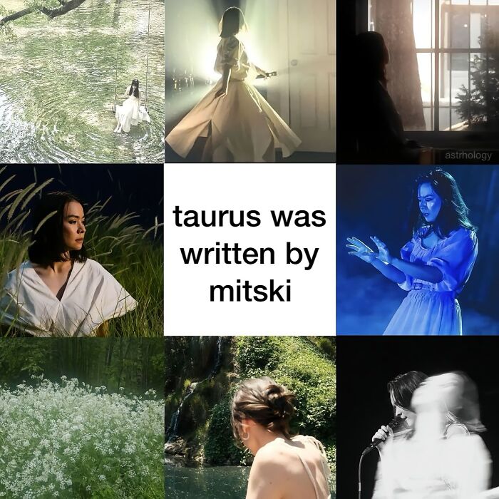 A collage of Mitski images, including her on a swing, performing, and in nature, with text "taurus was written by mitski." Relatable astrology memes.
