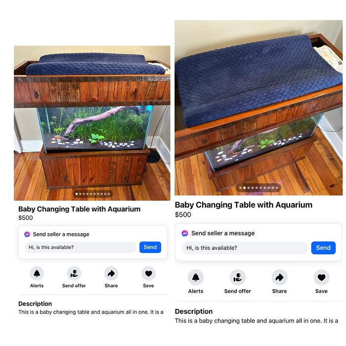 Baby changing table with built-in aquarium for sale on Facebook Marketplace
