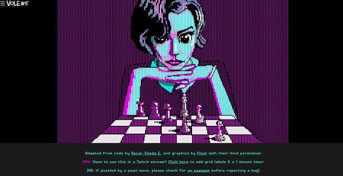 A retro-style pixel art image of a woman playing chess, rendered in purple and cyan, showcasing one of the most interesting websites.