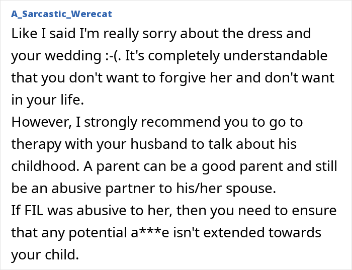 Comment apologizing for ruined wedding dress and recommending therapy