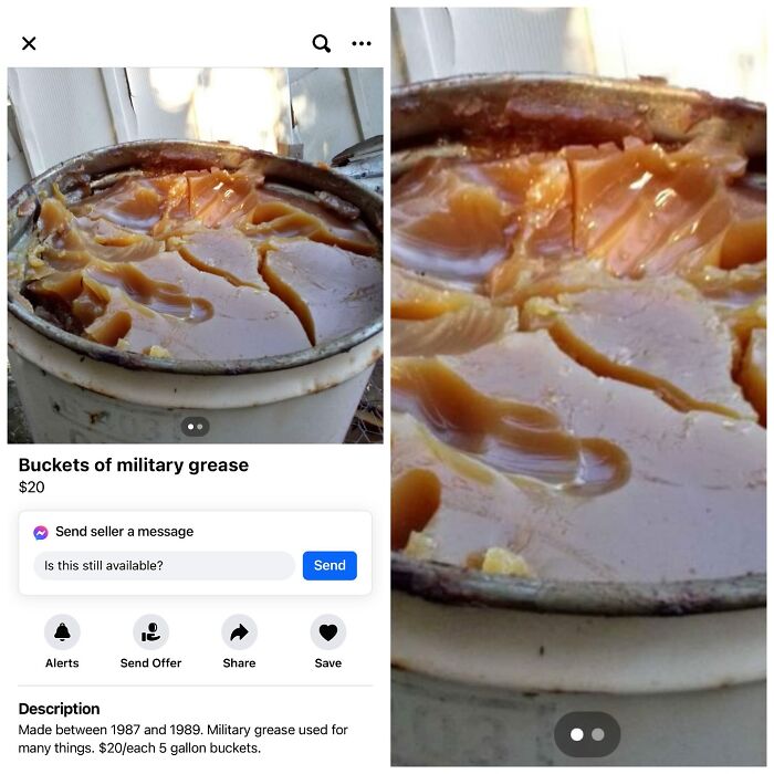 Buckets of military grease in large containers listed on Facebook Marketplace