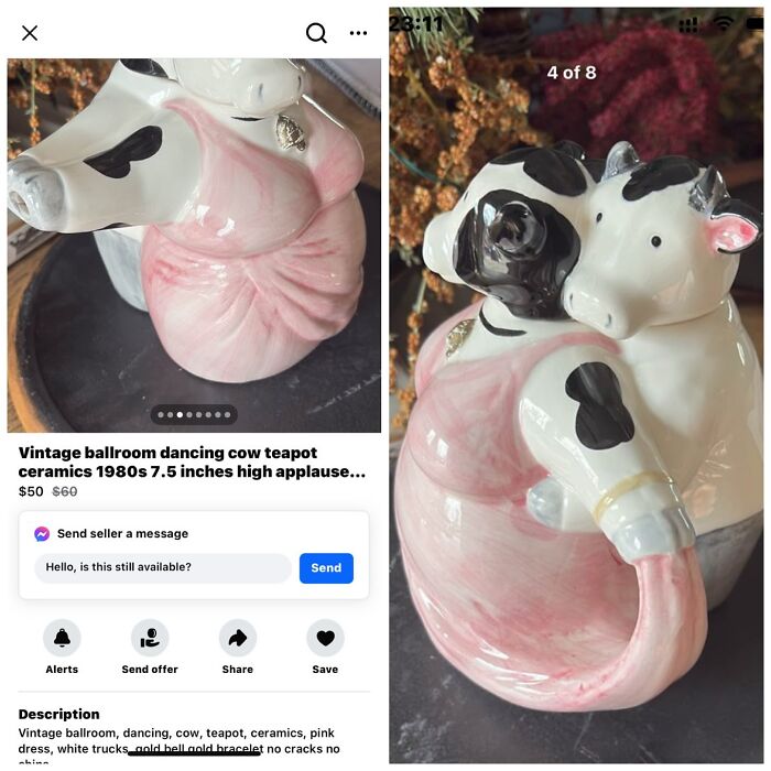 Vintage ceramic dancing cow teapot in pink dress for sale on Facebook Marketplace