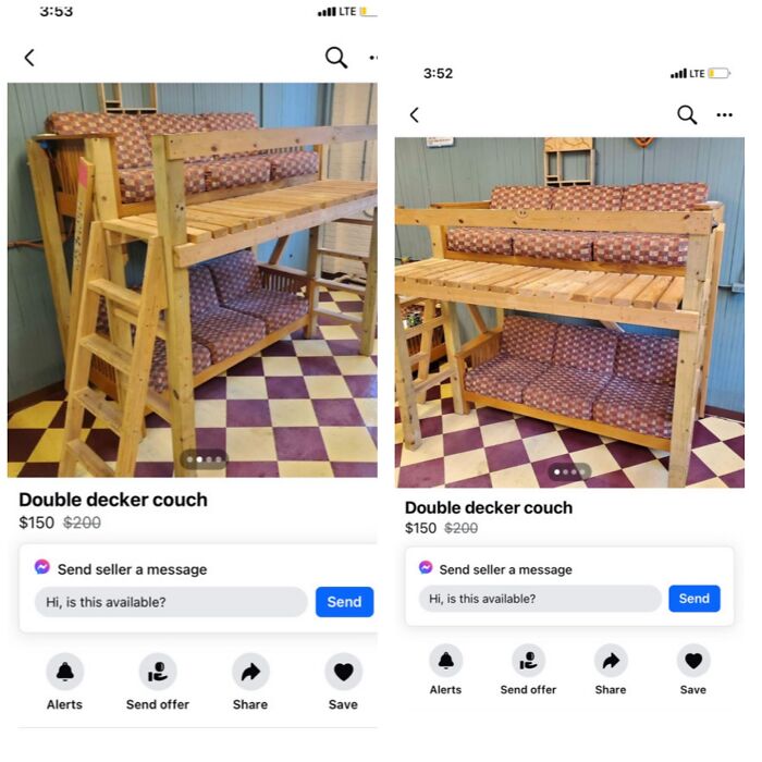 Wooden double decker couch with patterned cushions for sale on Facebook Marketplace